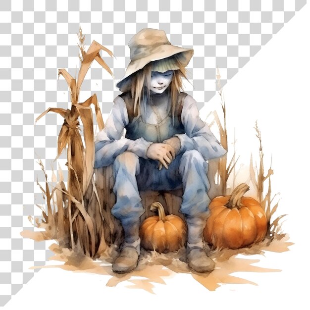 PSD cute cartoon watercolor halloween scarecrow on a transparent background