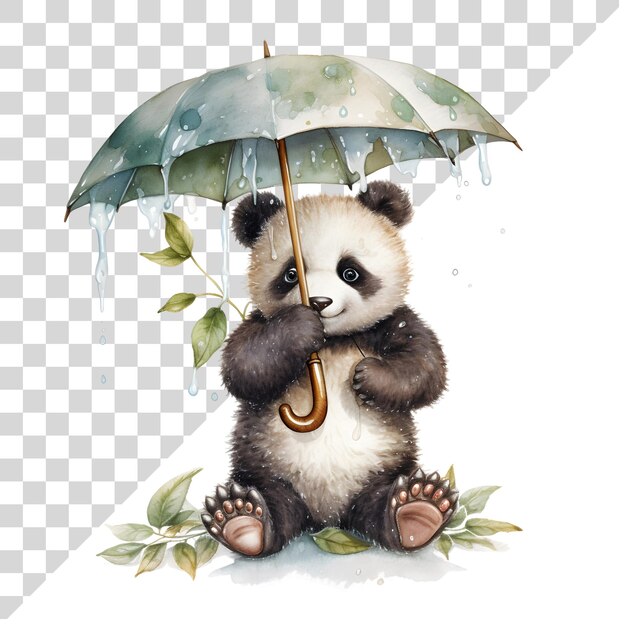 PSD 透明な背景に傘をかぶった可愛い漫画の水彩パンダ