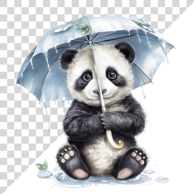 透明な背景に傘をかぶった可愛い漫画の水彩パンダ
