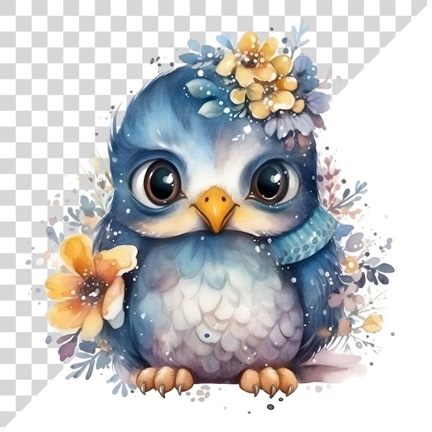 PSD cute cartoon watercolor penguin with flowers on a transparent background