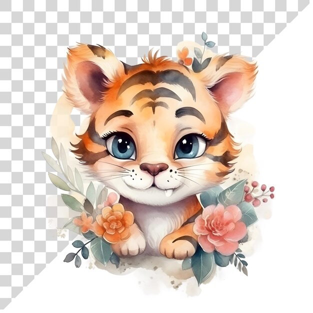 PSD cute cartoon watercolor tiger with flowers on a transparent background