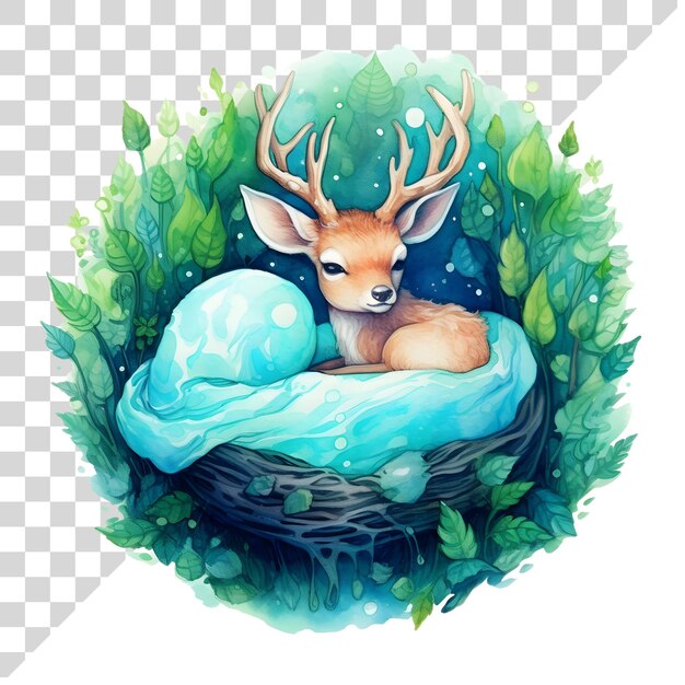 PSD cute cartoon watercolor wreath with deer on a transparent background