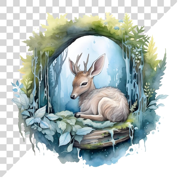 PSD cute cartoon watercolor wreath with deer on a transparent background