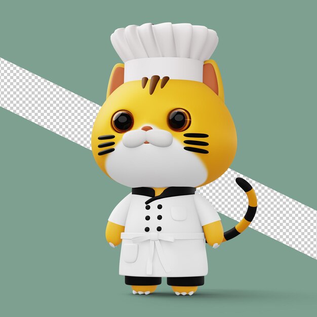 Simpatico chef di gatti che indossa l'uniforme da chef per alimenti per animali rendering 3d