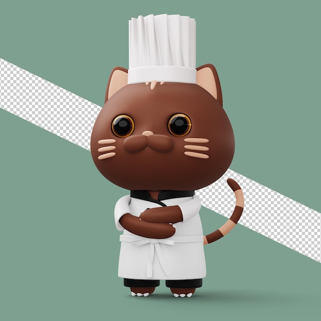 Милый кот-повар в униформе шеф-повара, еда для животных, 3d-рендеринг