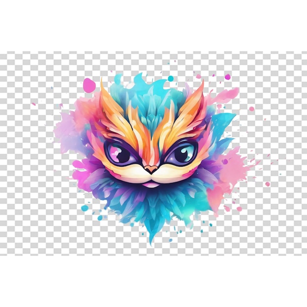 PSD cute cat face with colorful paint splashes illustration