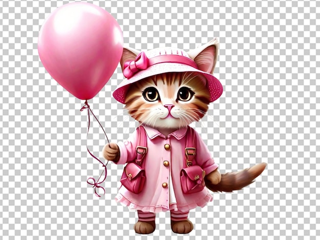 PSD cute cat and girl holding pink balloon