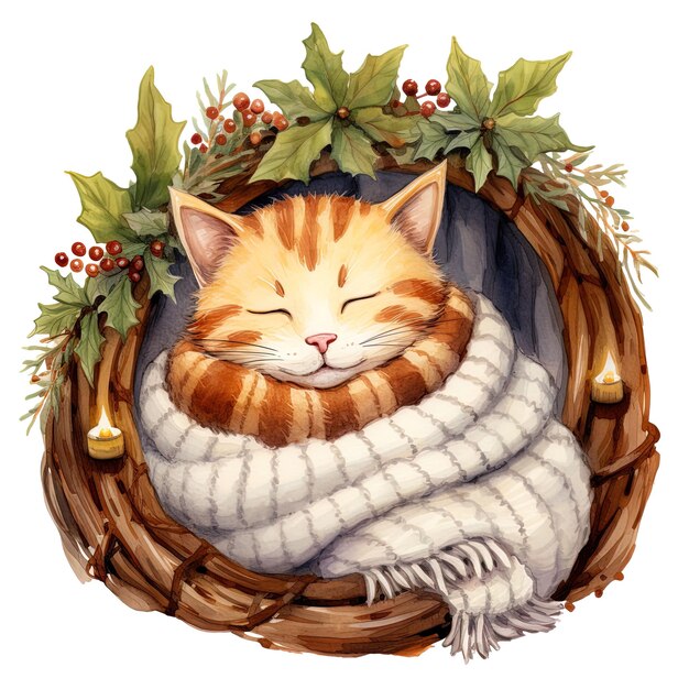 PSD cute cat sleeping in a wicker basket with a knitted scarf