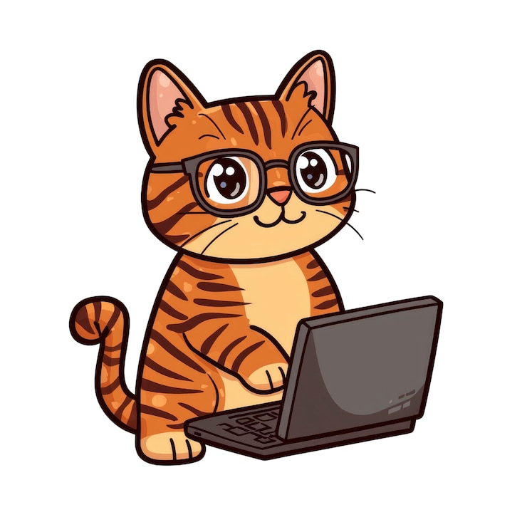 PSD cute cat wearing glasses working on laptop
