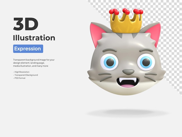 PSD Милый кот в королевской короне икона мультфильма 3d рендеринг иллюстрации