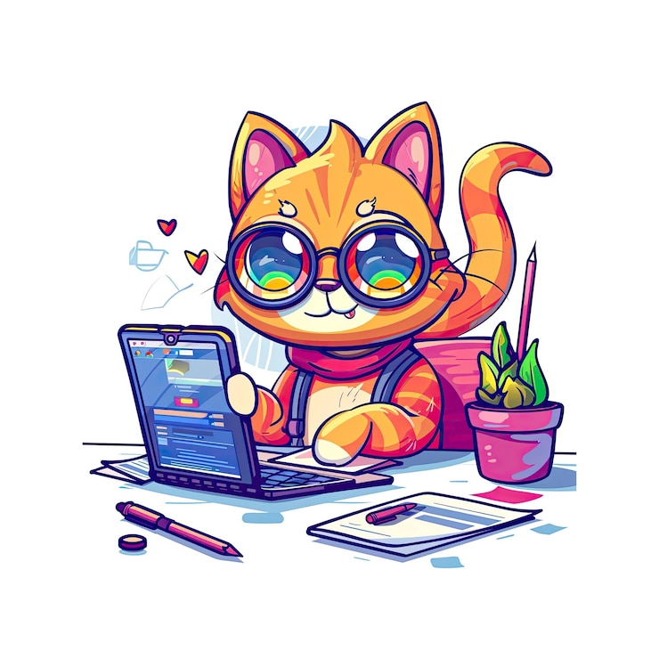 PSD cute cat working on laptop with love hearts