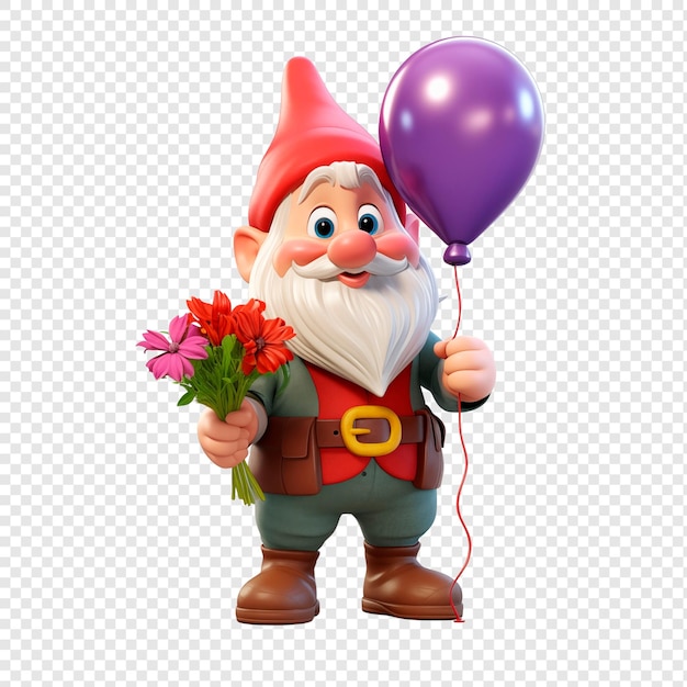 PSD carino gnomo allegro con palloncini e fiori clipart su uno sfondo trasparente.