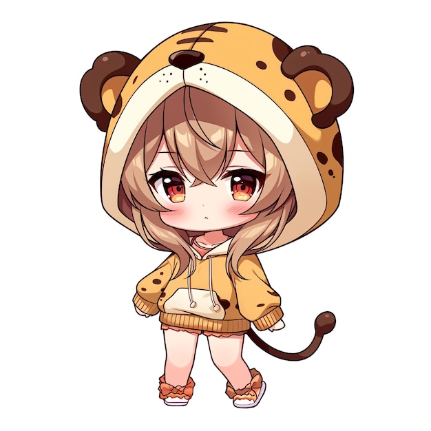 PSD ragazza carina chibi che indossa una felpa con cappuccio tiger