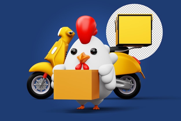 Cute chicken holding a parcel box delivery chicken 3d rendering