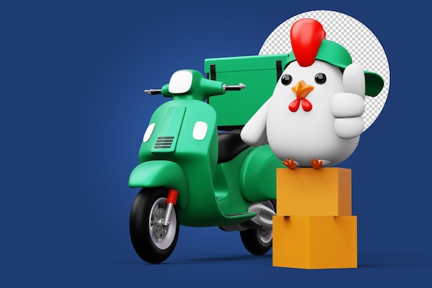 Cute chicken holding a parcel box delivery chicken 3d rendering