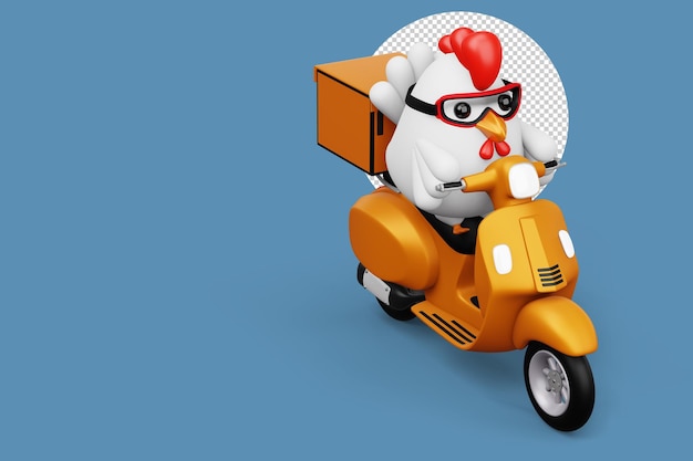 Simpatico pollo in sella a scooter consegna pollo 3d rendering