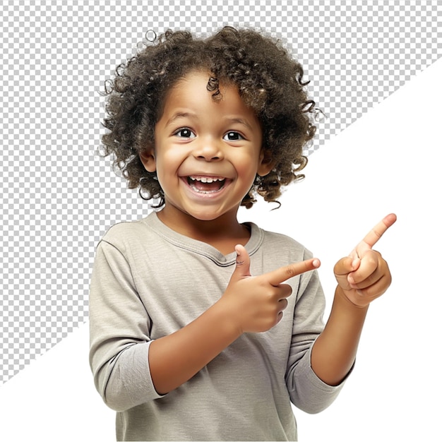 PSD a cute child standing and posing to a one side with finger on transparent background