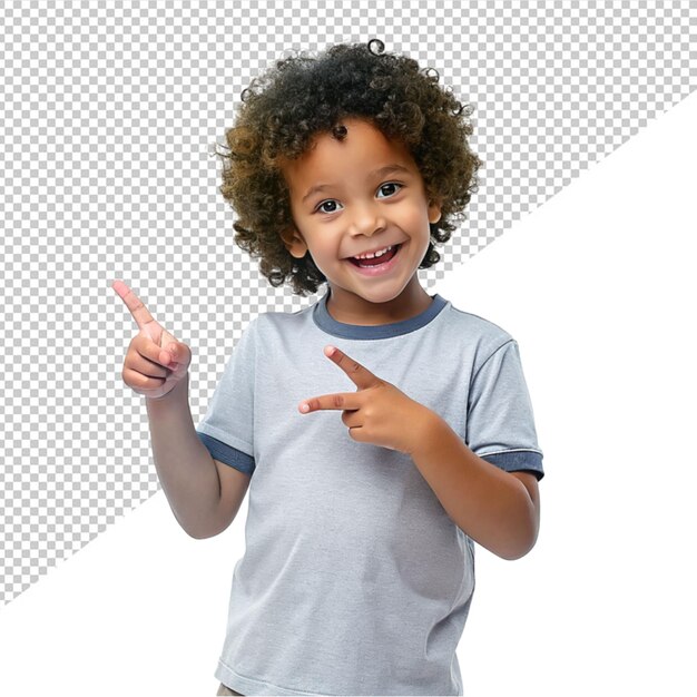 PSD a cute child standing and posing to a one side with finger on transparent background