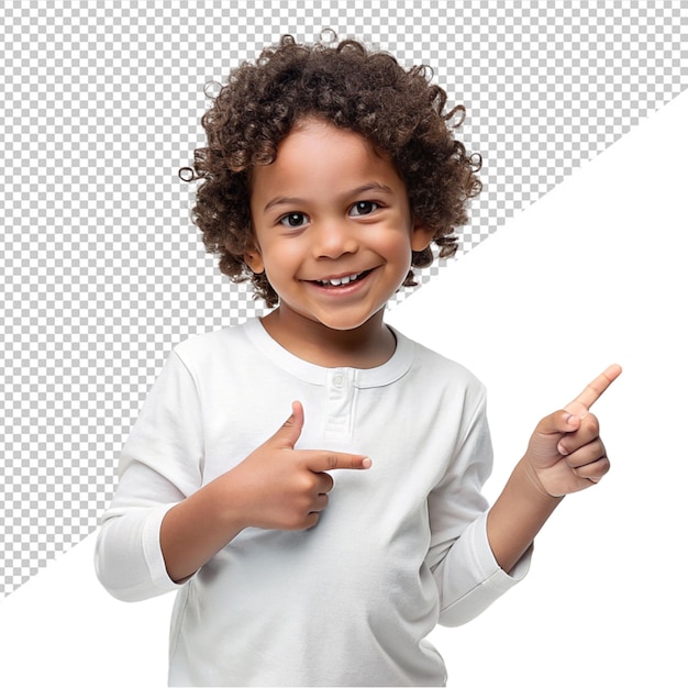 PSD a cute child standing and posing to a one side with finger on transparent background