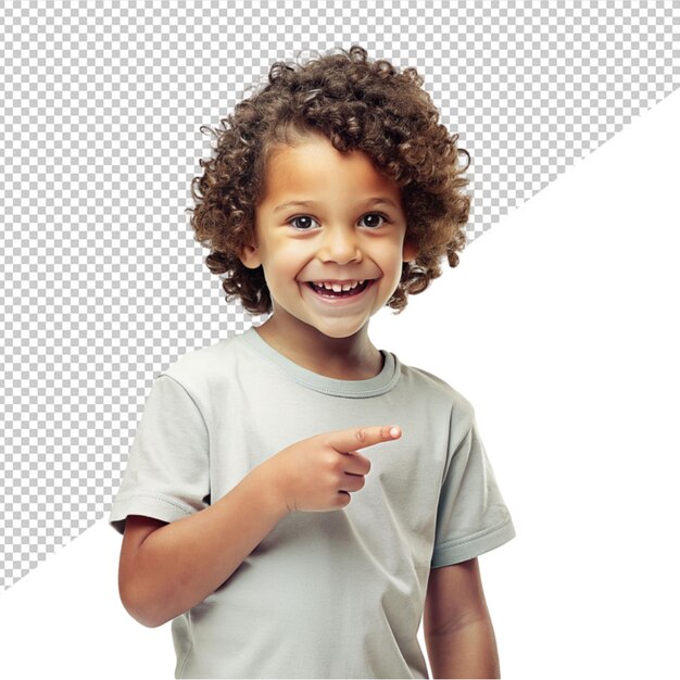 PSD a cute child standing and posing to a one side with finger on transparent background