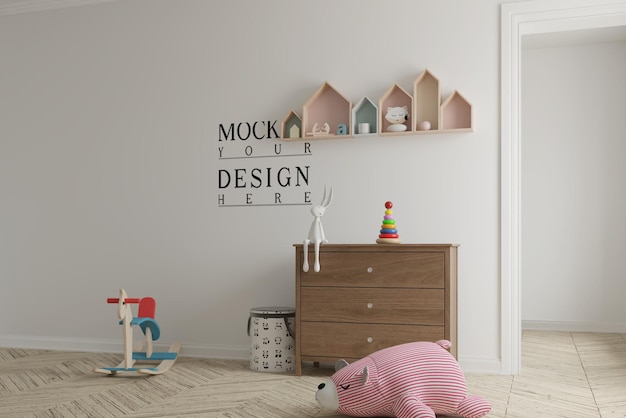 cute children bedroom with wall mockup 3d illustration