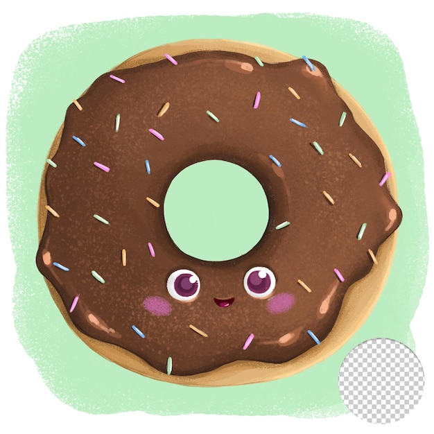 Cute chocolate donut with eyes on green background