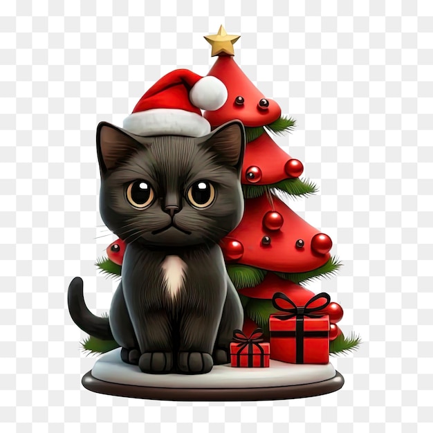 PSD simpatico gatto di natale che indossa un cappello da babbo natale davanti all'albero di natale e presente.