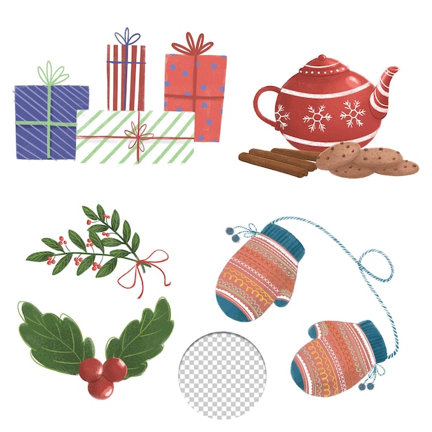 Cute Christmas elements teapot gift holly gloves set isolated on white background