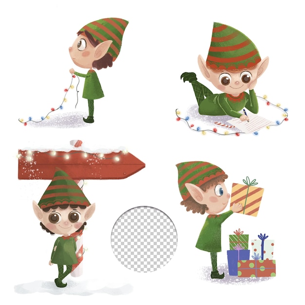 Cute Christmas Santas Elves kawaii style set isolated on white background