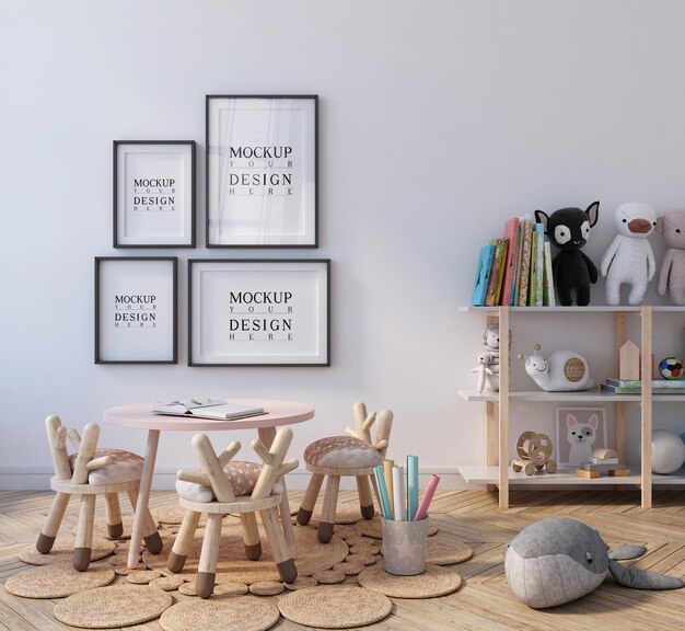 Cute classroom of kindergarten with mockup poster