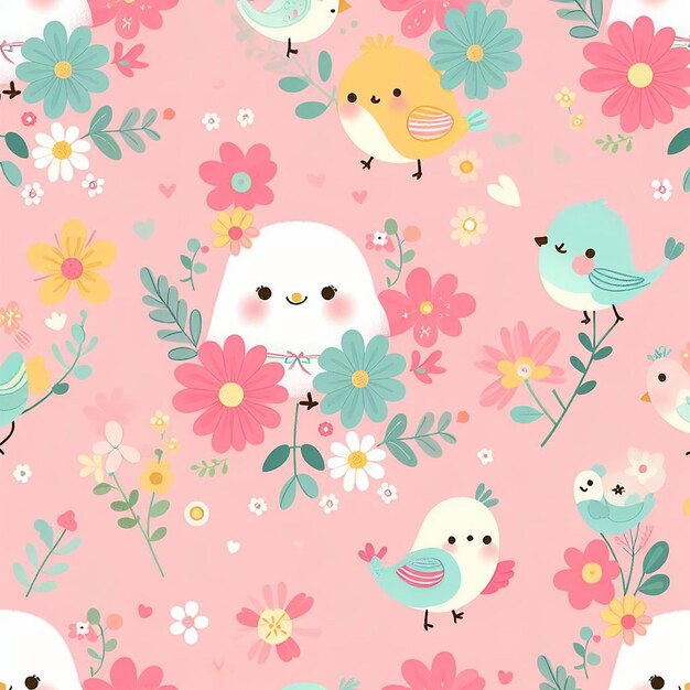 Cute colorful flower with bird seamless pattern