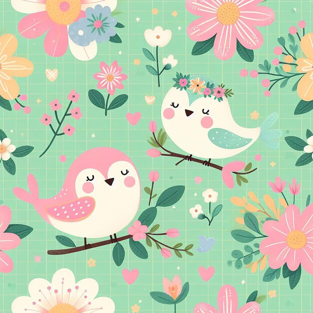 PSD cute colorful flower with bird seamless pattern