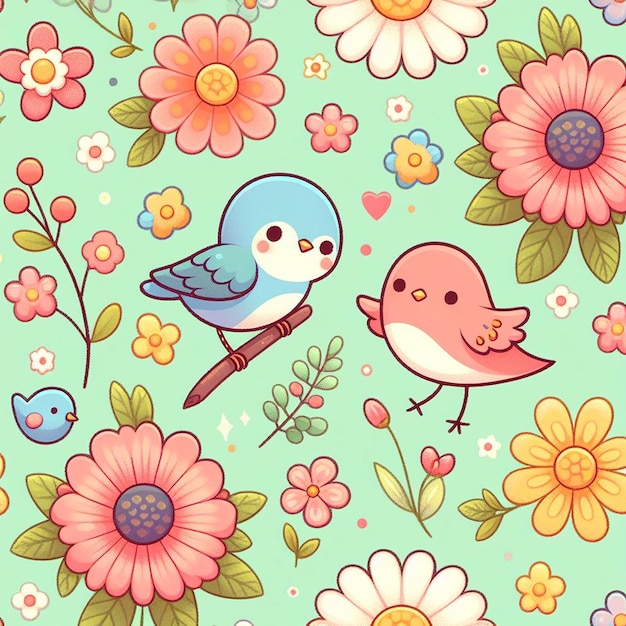 새와 함께 귀여운 다채로운 꽃의 무결한 패턴