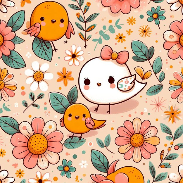 PSD cute colorful flower with bird seamless pattern