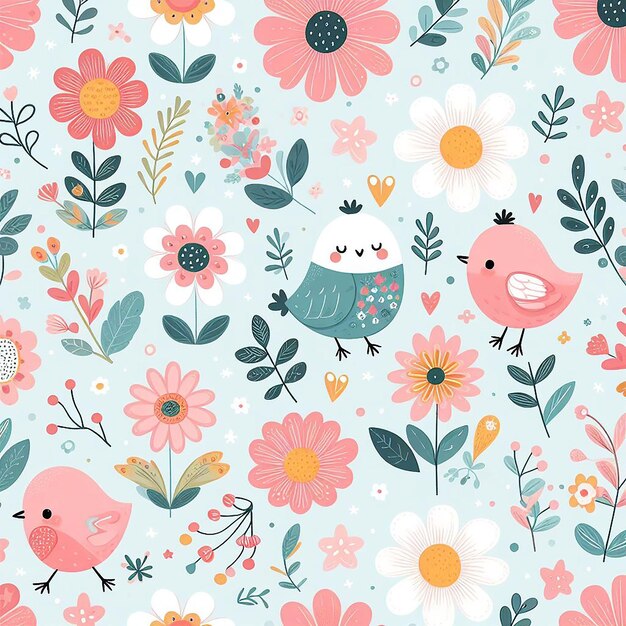 Cute colorful flower with bird seamless pattern