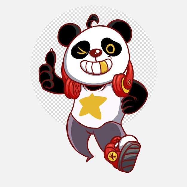 PSD cute cool panda listening music with headphone cartoon animal