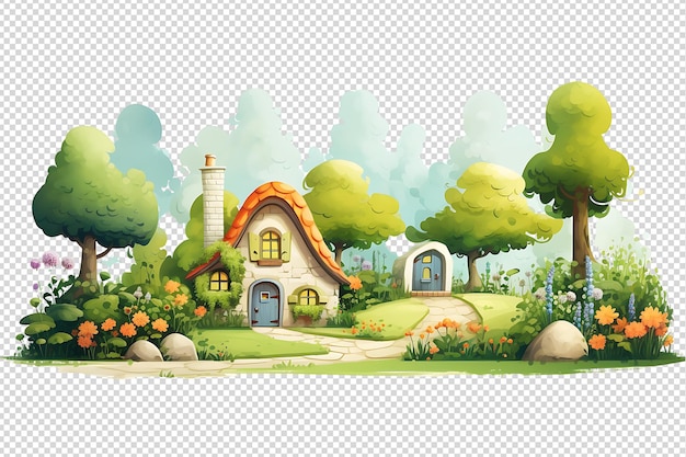 PSD cute cottage with garden isolated on transparent background