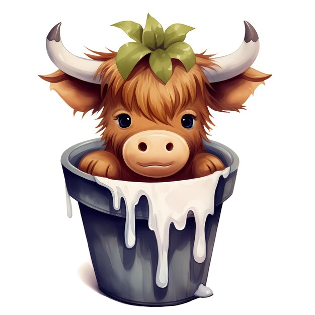 PSD cute highland cow in bucket clipart illustrazione