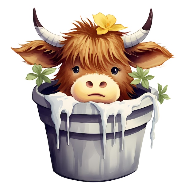 PSD cute cow highland in bucket clipart illustration