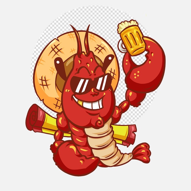 Cute crawfish cartoon character drinking beer