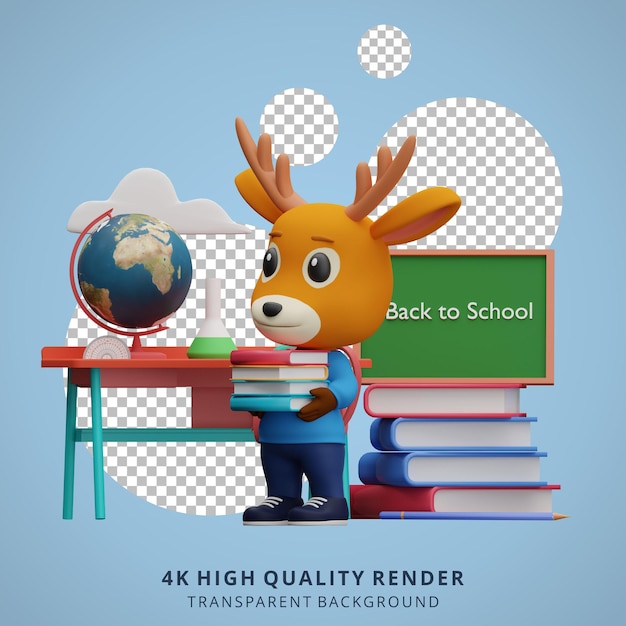 Cute deer back to school mascot 3d character illustration holding a book