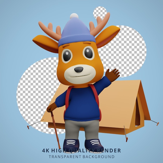 Simpatico cervo da campeggio mascotte 3d character illustration agitando