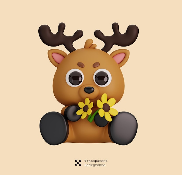 PSD cute deer holding flowers isolated animals and food icon cartoon style concept 3d rendering