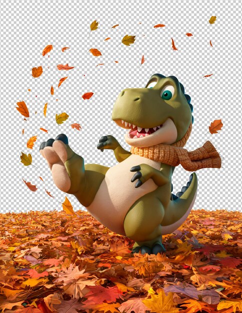 PSD a cute dinosaur with a scarf walking through the autumn leaves