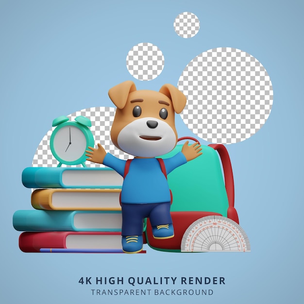 Simpatico cane torna a scuola mascotte 3d character illustrazione felice