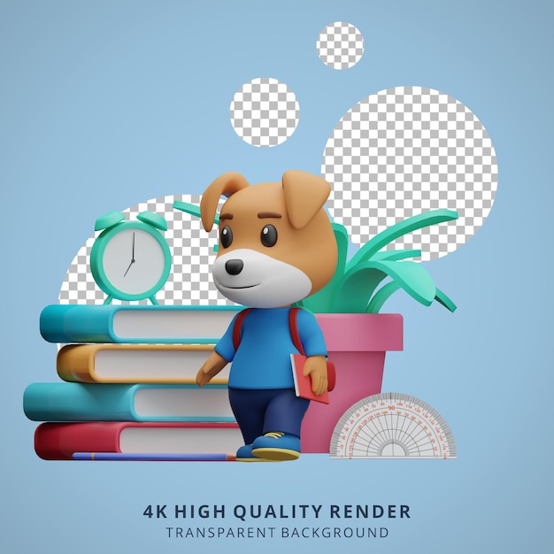 Симпатичная собака обратно в школу талисман 3D иллюстрации персонажей с книгой