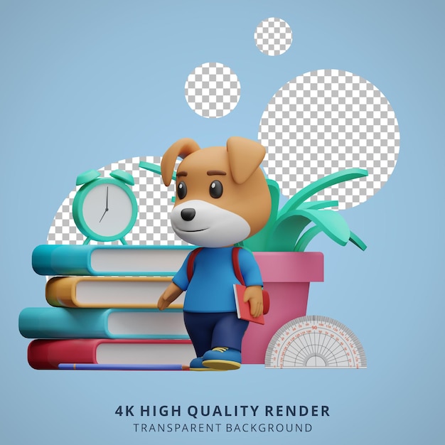 Cute dog back to school mascot 3d character illustration holding a book