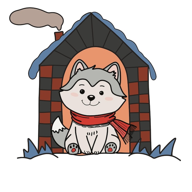 cute dog in the house with a scarf in the snow cartoon style