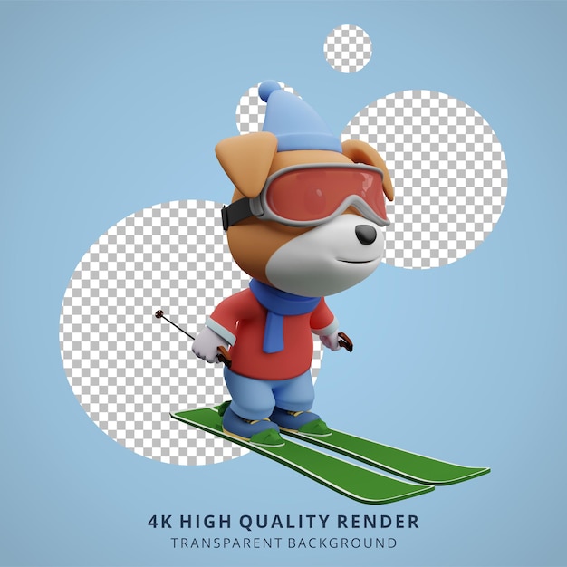 Cute dog skiing animal 3d character mascot illustration