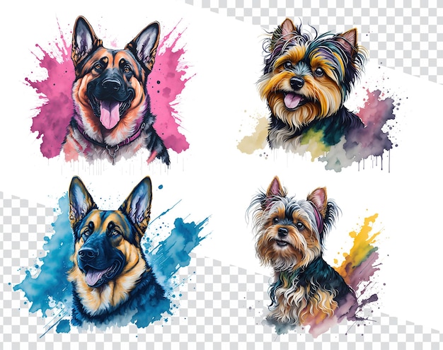 Cute dog disegni ad acquerello affascinante pastore tedesco e yorkshire terrier